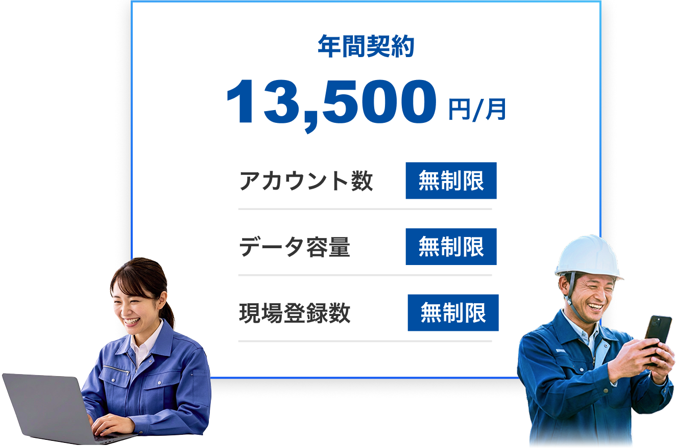 年間契約13,500円/月,アカウント数：無制限,データ容量：無制限,現場登録数：無制限